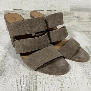 Lucky Brand Minna Taupe Leather Heeled Sandals Slides Block Heels Size 7.5